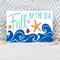 This whimsical autumn-themed coastal sign with bright blue waves, fall leaves, and an orange resin starfish for your coastal fall decor.